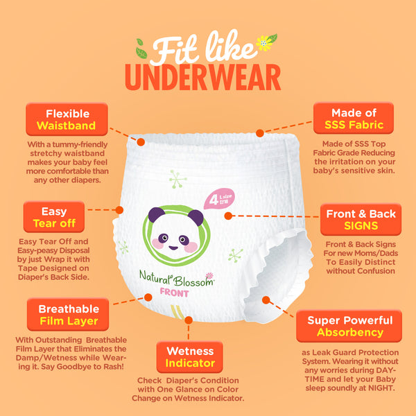 Natural Blossom Pull-On Baby Diapers | Ultra-Slim, Hypoallergenic, Super Soft, Vegan | Size 4 (2T-3T, 20-31 lbs) | 96 Count