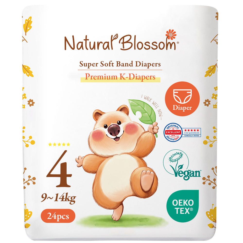 Natural Blossom Band Baby Diapers | Ultra-Slim, Hypoallergenic, Super Soft, Vegan | Size 4 (L, 20–31 lbs) | 24 Count