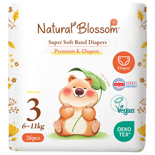 Natural Blossom Band Baby Diapers | Ultra-Slim, Hypoallergenic, Super Soft, Vegan | Size 3 (M, 13–24 lbs) | 28 Count