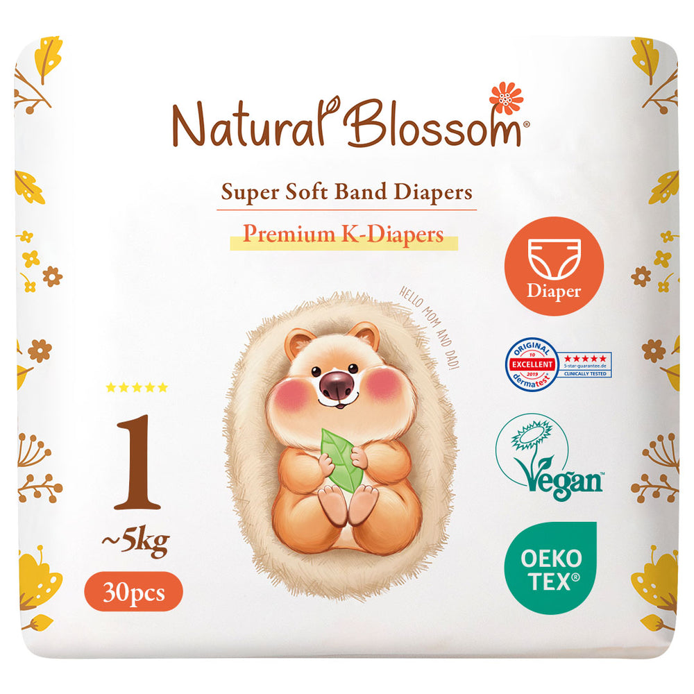 Natural Blossom Band Baby Diapers | Ultra-Slim, Hypoallergenic, Super Soft, Vegan | Size 1 (NB, –11 lbs) | 30 Count