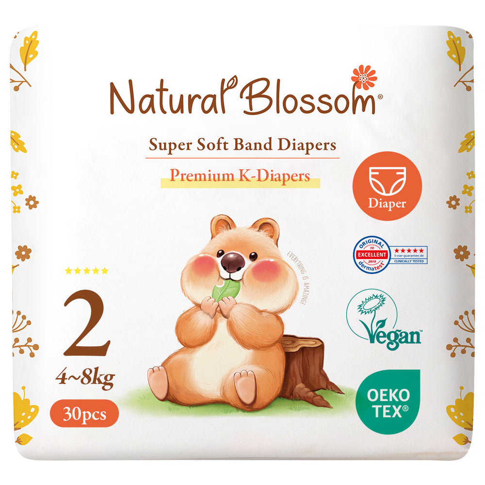 Natural Blossom Band Baby Diapers | Ultra-Slim, Hypoallergenic, Super Soft, Vegan | Size 2 (S, 9–18 lbs) | 30 Count