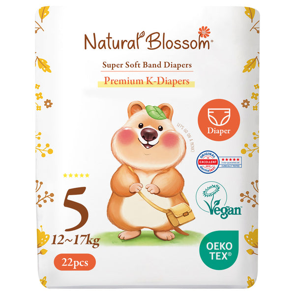 Natural Blossom Band Baby Diapers | Ultra-Slim, Hypoallergenic, Super Soft, Vegan | Size 5 (XL, 26–37 lbs) | 22 Count